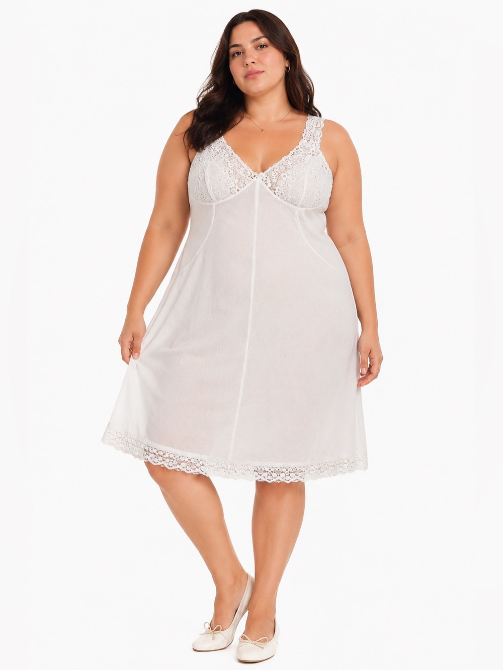 60s/70s European Vintage Silky Lace Slip Dress (Ivory/White) Size XL